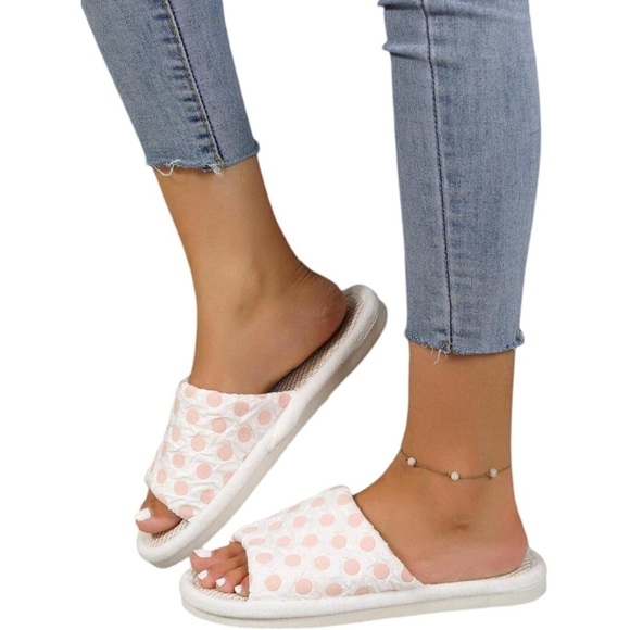 Pink Polka Dot Pattern Slip-On Casual Home Slippers Slides Shoes - Picture 2 of 6